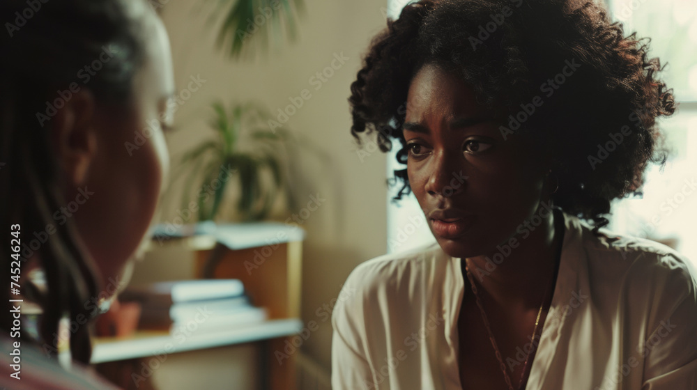 Intimate conversation, two women deeply engaged in discussion, emotions conveyed. Intimate conversation, two women deeply engaged in discussion, emotions conveyed.