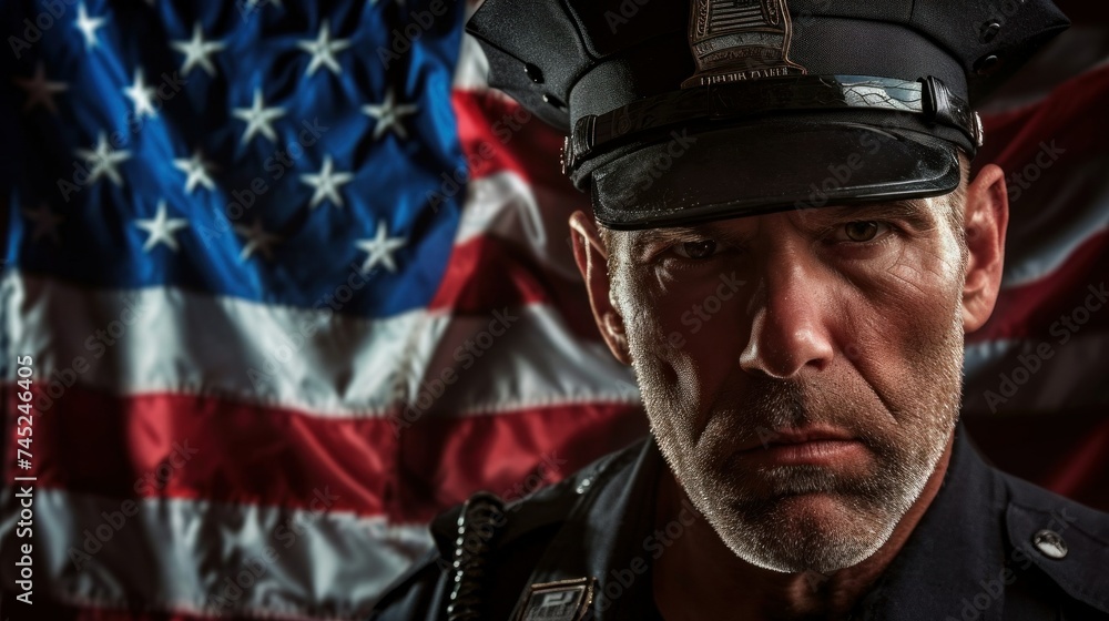 American policeman, background is USA flag American policeman, background is USA flag