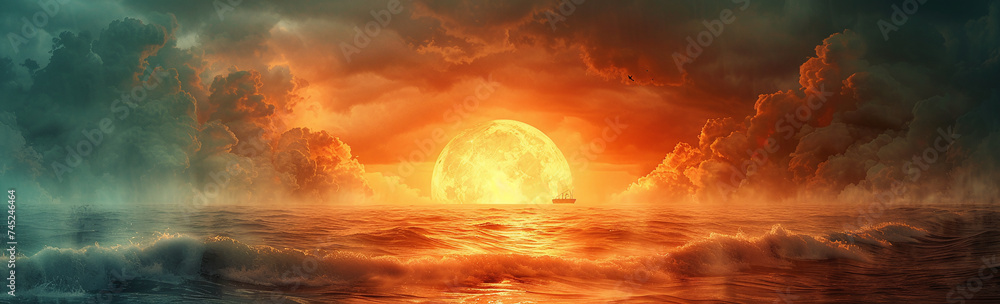 Dramatic ocean sunset with vibrant orange and red skies reflecting on tranquil water.