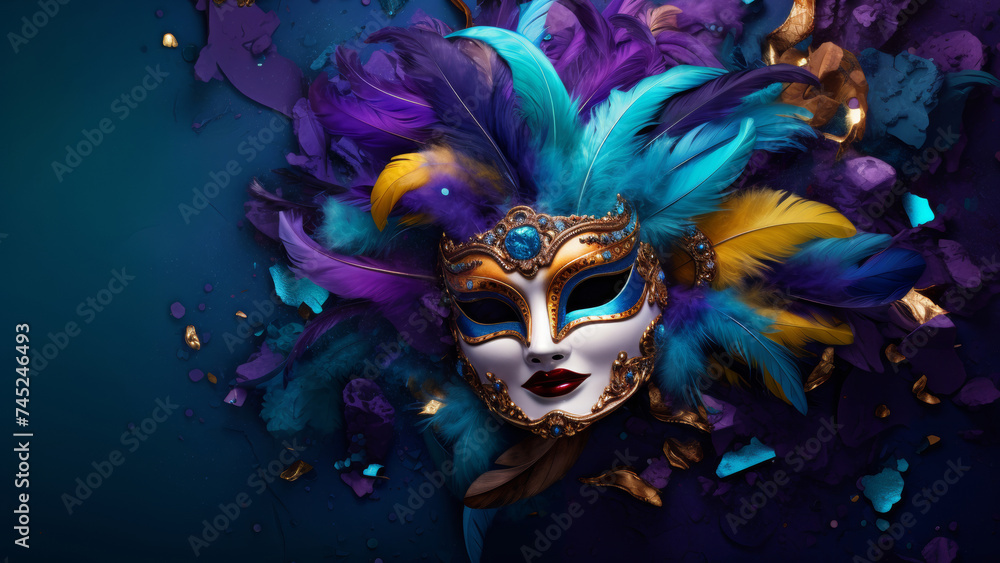 Vibrant Venetian mask adorned with feathers amid purple and gold splashes.