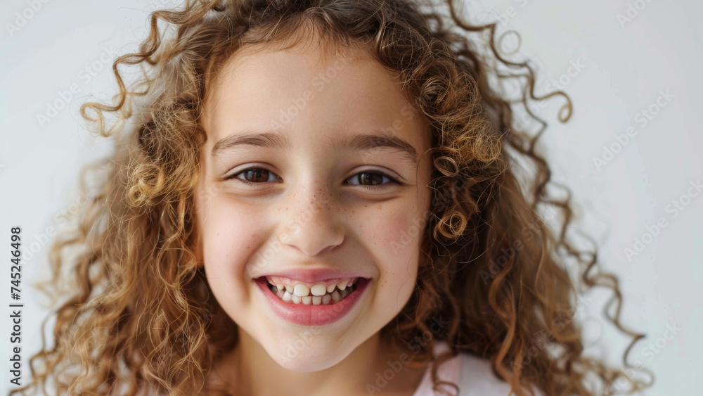 Joyous young girl with curly hair smiling brightly, radiating happiness and youth. Joyous young girl with curly hair smiling brightly, radiating happiness and youth.
