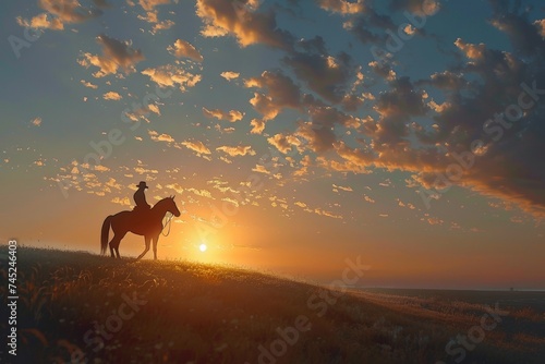 Silhouette of a Cowboy Riding Horse at Dusk with Pastel Sunset Sky