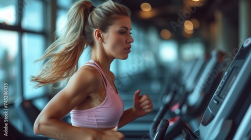 Young woman exercising on treadmill, running.