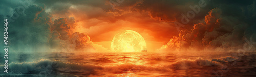 Dramatic ocean sunset with vibrant orange and red skies reflecting on tranquil water.