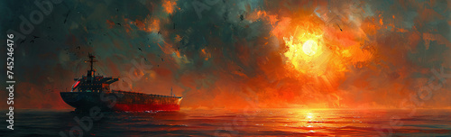 Silhouette of a ship at sea with a dramatic sunset sky, showcasing vibrant orange and red hues reflecting on the water.
