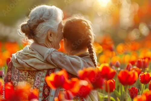 A young girl and her grandmother are hugging in a field of tulips, in the style of light amber and crimson, restrained serenity, youthful energy, sun-soaked colours, bold and vibrant colors, happening