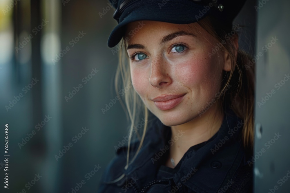 Young Caucasian policewoman smiling at the camera in a friendly manner, wearing a police cap and dark uniform; Concept of law enforcement, public safety, and approachable authority
Young Caucasian policewoman smiling at the camera in a friendly manner, wearing a police cap and dark uniform; Concept of law enforcement, public safety, and approachable authority