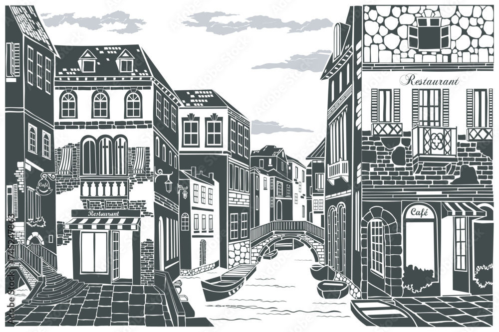 Old city street. Urban landscape. Old European city street with buildings. Black and white vector illustration on white background. Venice	
