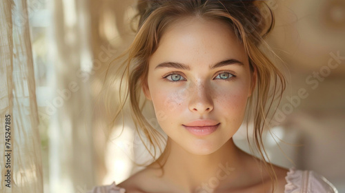 A beautiful cute ladies natural beauty ideal figure clear pure skin isolated on beige color textile background.