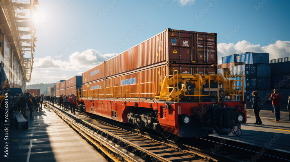 Obraz premium A container being lifted from a ship onto a waiting train showcasing the seamless transfer between water and rail transport in intermodal systems.