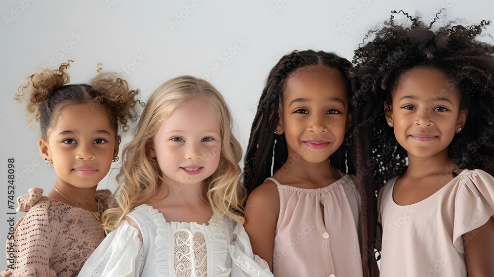 portrait of four diverse young girls on a white background
