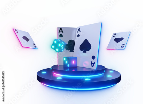 Baccarat or poker card and neon dice standing on top of blue bright podium.