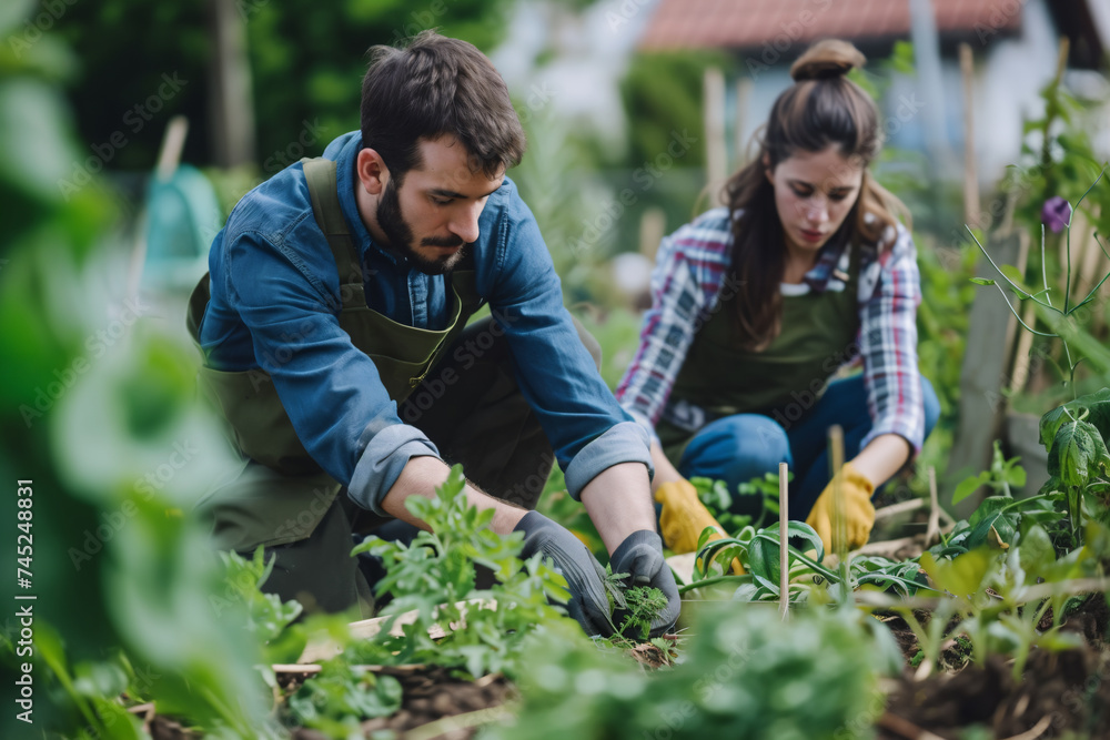 Male and female volunteers collaborating and assisting each other while working in a garden. Male and female volunteers collaborating and assisting each other while working in a garden.