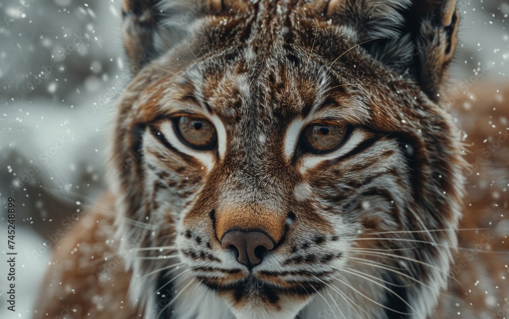 Fototapeta premium Intense Gaze of a Young Eurasian Lynx Against a Snowy Background