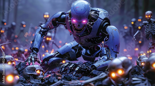 Futuristic robot with glowing eyes amidst a pile of android parts, conveying a post-battle scene or technology concept. © Gayan