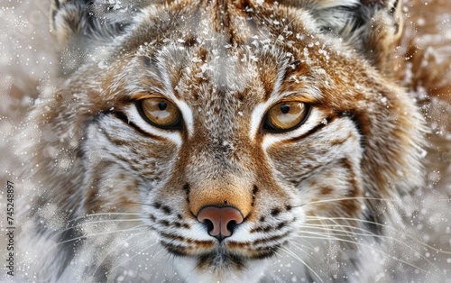 Intense Gaze of a Young Eurasian Lynx Against a Snowy Background