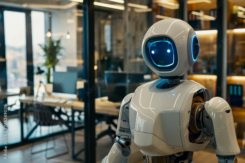In a modern office setting, a humanoid robot navigates the workspace, offering support to employees with its agile movements and helpful demeanor. In a modern office setting, a humanoid robot navigates the workspace, offering support to employees with its agile movements and helpful demeanor.