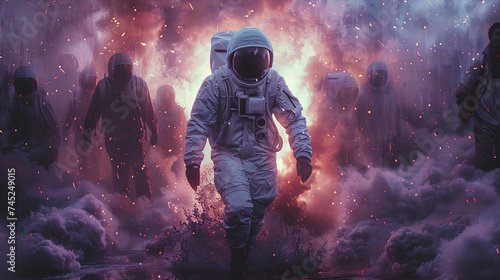 Astronaut walking through a mystical nebula with silhouettes of people in the background.
