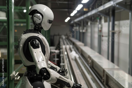 Against the backdrop of industrial automation, the humanoid robot stands vigilantly at the conveyor belt alongside human operators, their collective efforts driving the continuous © Maksym