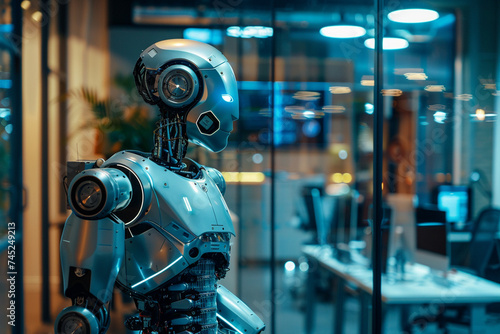 Close-up of a humanoid robot stationed in the office, its articulate limbs meticulously carrying out tasks to support the workflow, ensuring smooth operations.