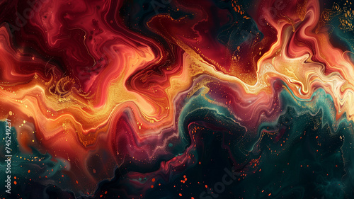 An abstract canvas painted with deep reds, golds, and sapphire blues, arranged in a dynamic composition that evokes a fantasy world's fiery skies and mystical oceans.