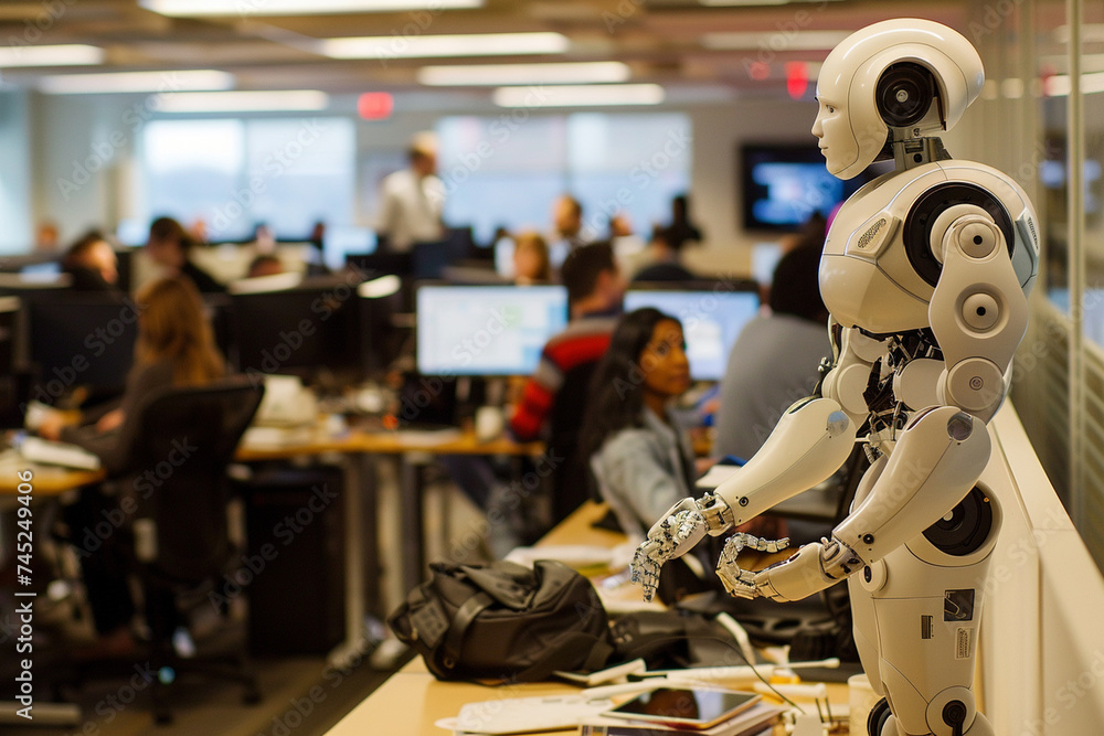 In the bustling office environment, a humanoid robot engages in conversation with office workers, its animated gestures and expressive features facilitating seamless interaction.