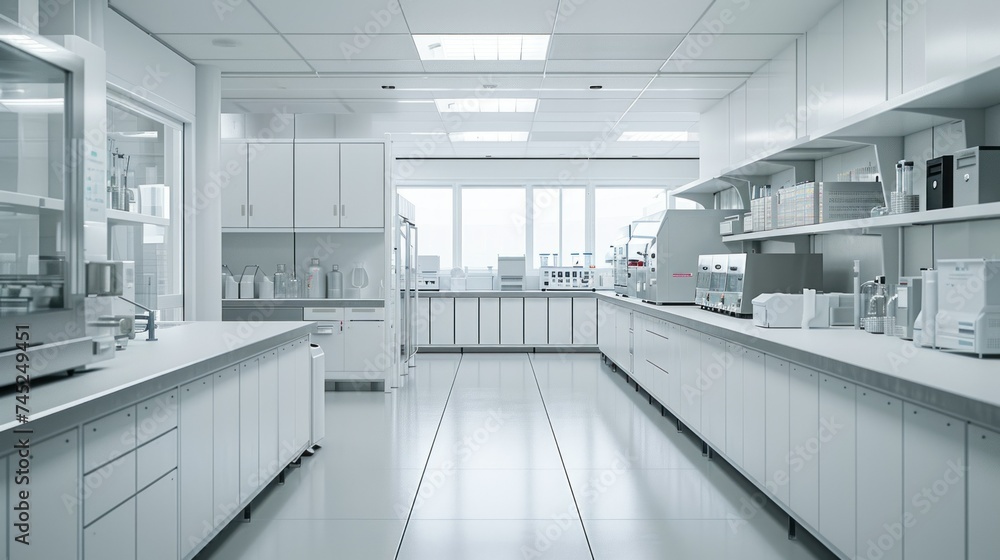 Modern Empty Biological Applied Science Laboratory with Technological Microscopes, Glass Test Tubes, Micropipettes