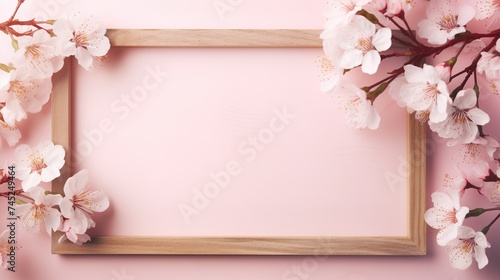 Spring Blossom Frames, a light wooden frame with floral embellishments on a pastel background, showcasing a photo of cherry blossoms.