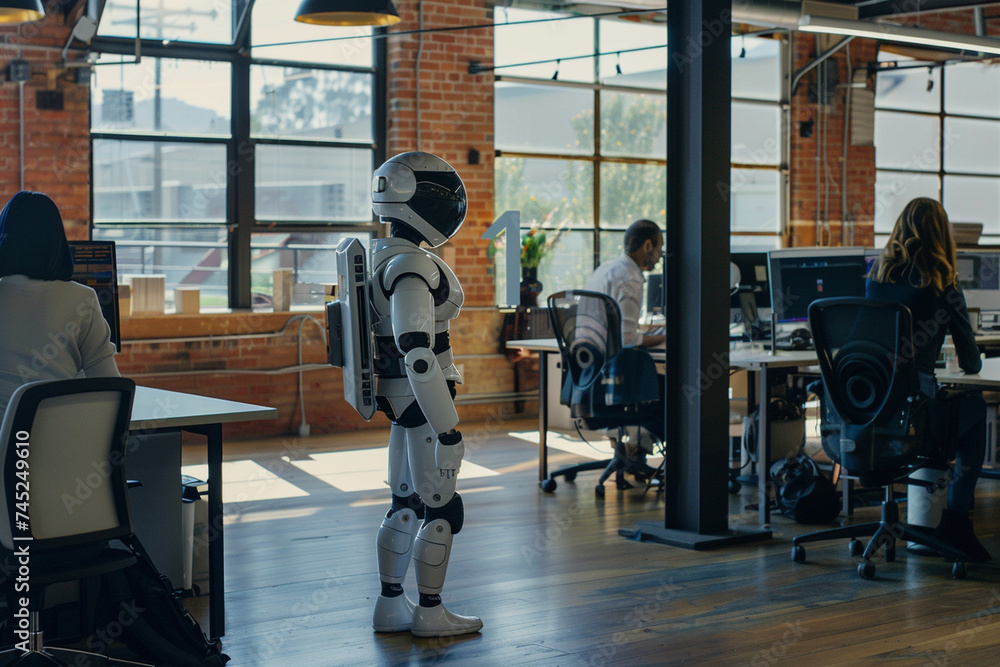 Amidst the organized chaos of the office, the humanoid robot interacts with office workers, its advanced natural language processing capabilities facilitating seamless dialogue. Amidst the organized chaos of the office, the humanoid robot interacts with office workers, its advanced natural language processing capabilities facilitating seamless dialogue.