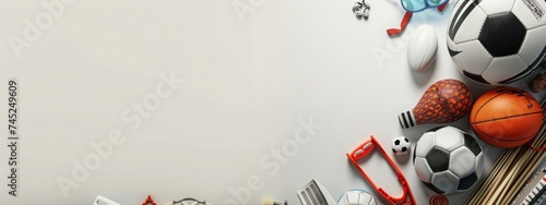 Collection of various sports equipment arranged neatly on a light background, featuring items for soccer, tennis, and basketball; Concept of sports diversity, athletics, and active lifestyle
 photo