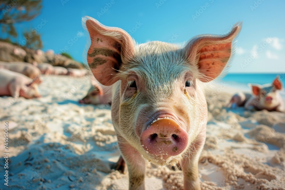 Curious Piglet Approaching on a Sandy Beach in the Bahamas Curious Piglet Approaching on a Sandy Beach in the Bahamas