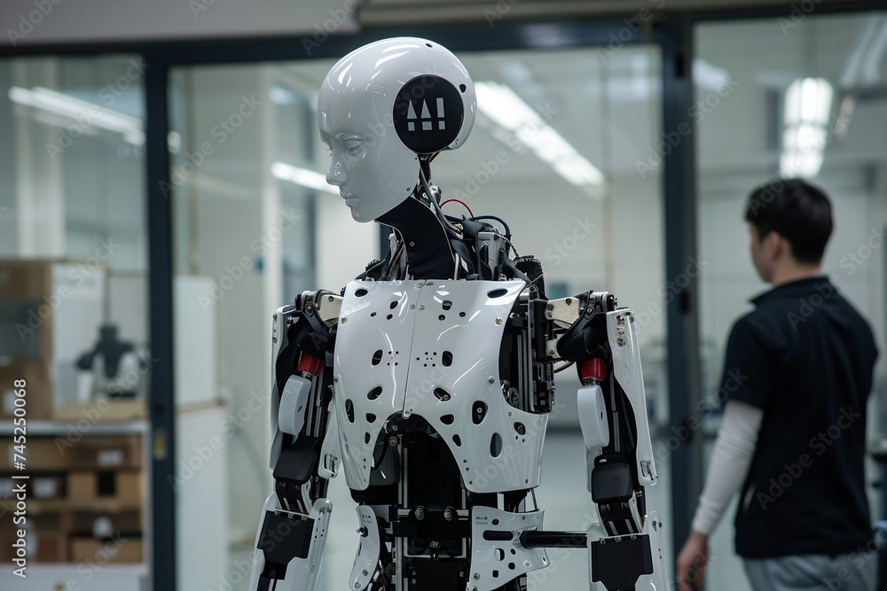 With the unmistakable AI logo emblazoned on its frame, the humanoid robot engages in collaborative work with human counterparts, its AI-driven capabilities playing a vital role in With the unmistakable AI logo emblazoned on its frame, the humanoid robot engages in collaborative work with human counterparts, its AI-driven capabilities playing a vital role in