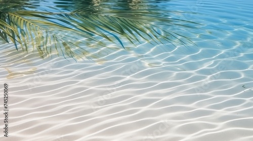 Tropical leaf shadow on water surface with shadow of palm leaves on white sand beach