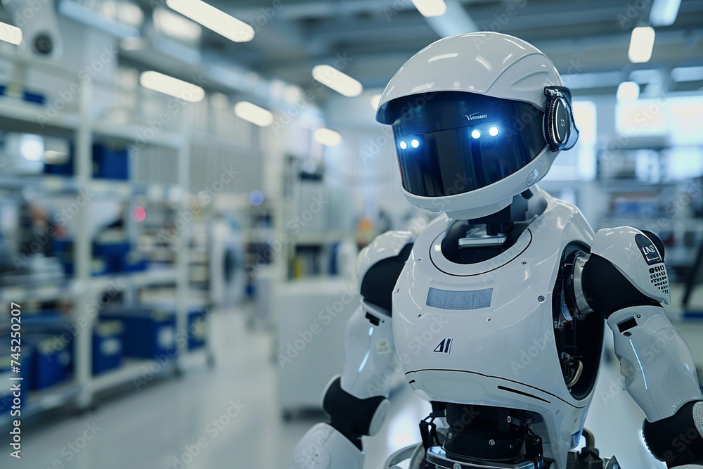 Amidst the controlled chaos of the manufacturing environment, the humanoid robot, proudly bearing the AI logo, assists workers in various production tasks, its AI-powered capabilit Amidst the controlled chaos of the manufacturing environment, the humanoid robot, proudly bearing the AI logo, assists workers in various production tasks, its AI-powered capabilit
