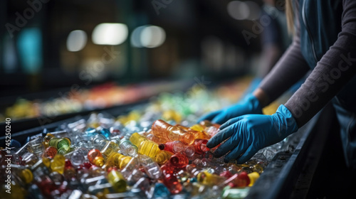 Close-up hands of the employee in gloves on the conveyor for recycling and sorting garbage from plastic bottles, garbage sorting and recycling concept.