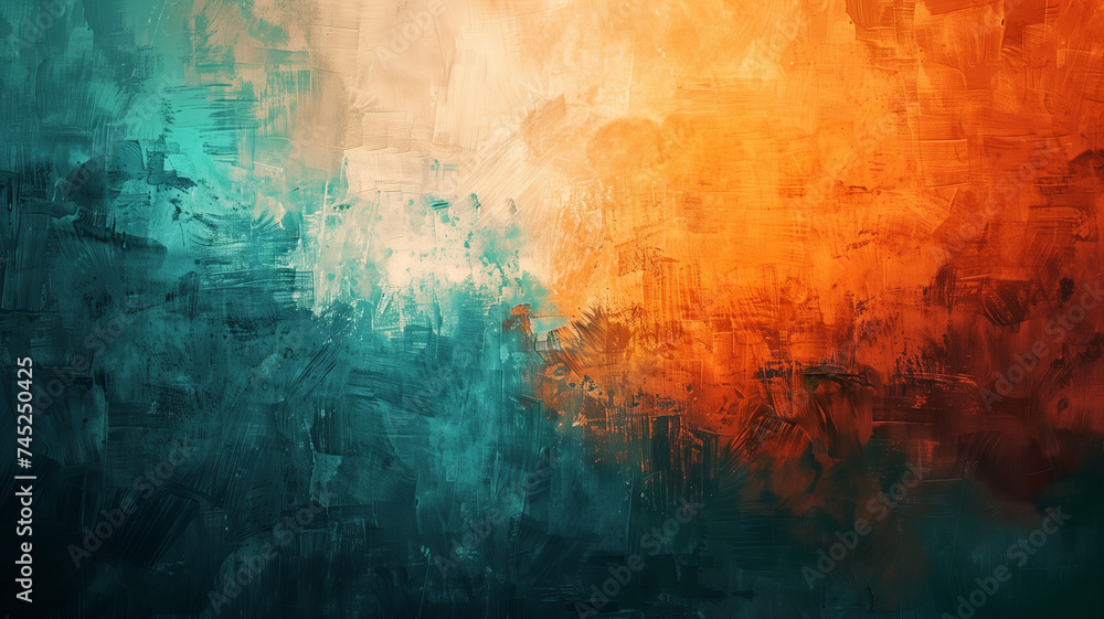 An artistic banner with an abstract background, highlighting a delicate brushstroke texture that fades from a vibrant orange to a serene teal. - obrazy, fototapety, plakaty 