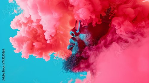 Man blowing pink smoke, vape, smoke cloud 