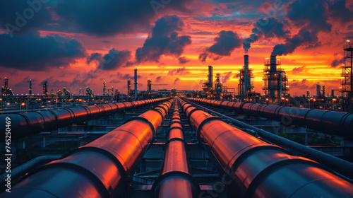 Crude gas and oil pipes of refinery plant or petrochemical industry. Scenery of steel tube lines and sky. Concept of energy, power.
