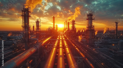 Crude gas and oil pipes of refinery plant or petrochemical industry. Scenery of steel tube lines and sky. Concept of energy  power.