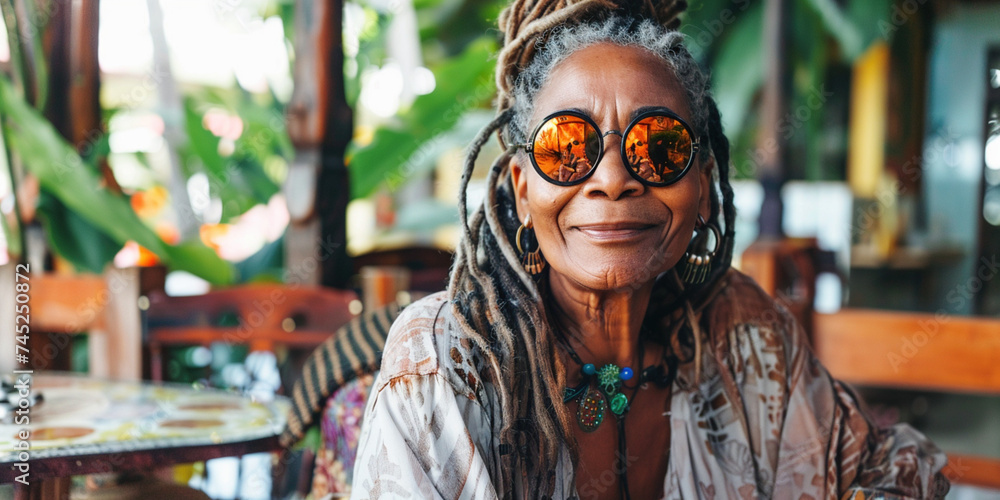 Obraz premium Portrait of a African-American mature senior woman old lady with dreadlocks looking at the camera with a smile sitting in cafe. Lifestyle of freedom, self-expression hippies in nature.
