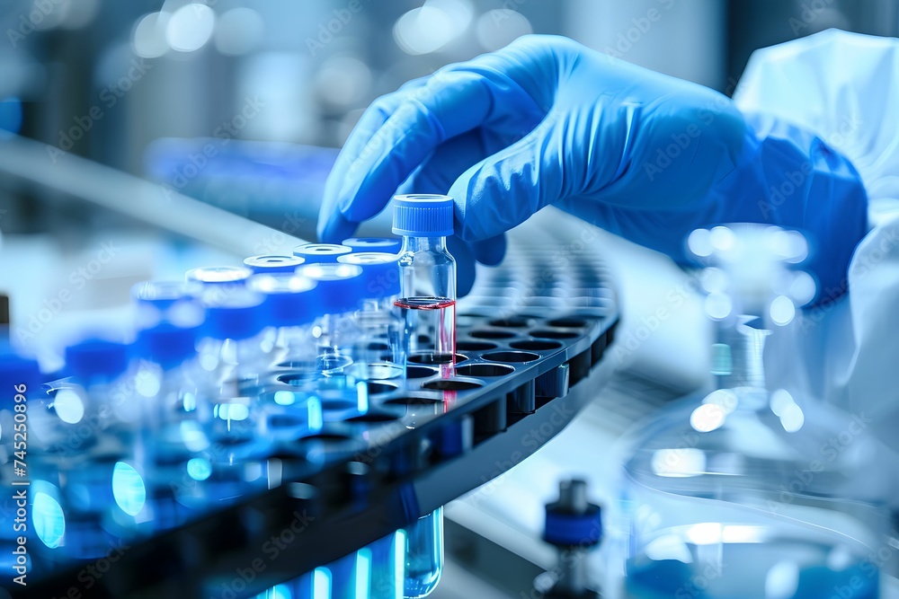 A gloved hand holding a test tube with a blue solution, exemplifying precise chemical analysis in a scientific research laboratory A gloved hand holding a test tube with a blue solution, exemplifying precise chemical analysis in a scientific research laboratory