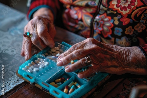 Close-Up of Elderly Woman's Hands with a Pill Organizer on Table