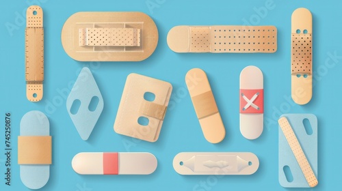A vector set of illustrations featuring various forms of band-aids or adhesive bandages
