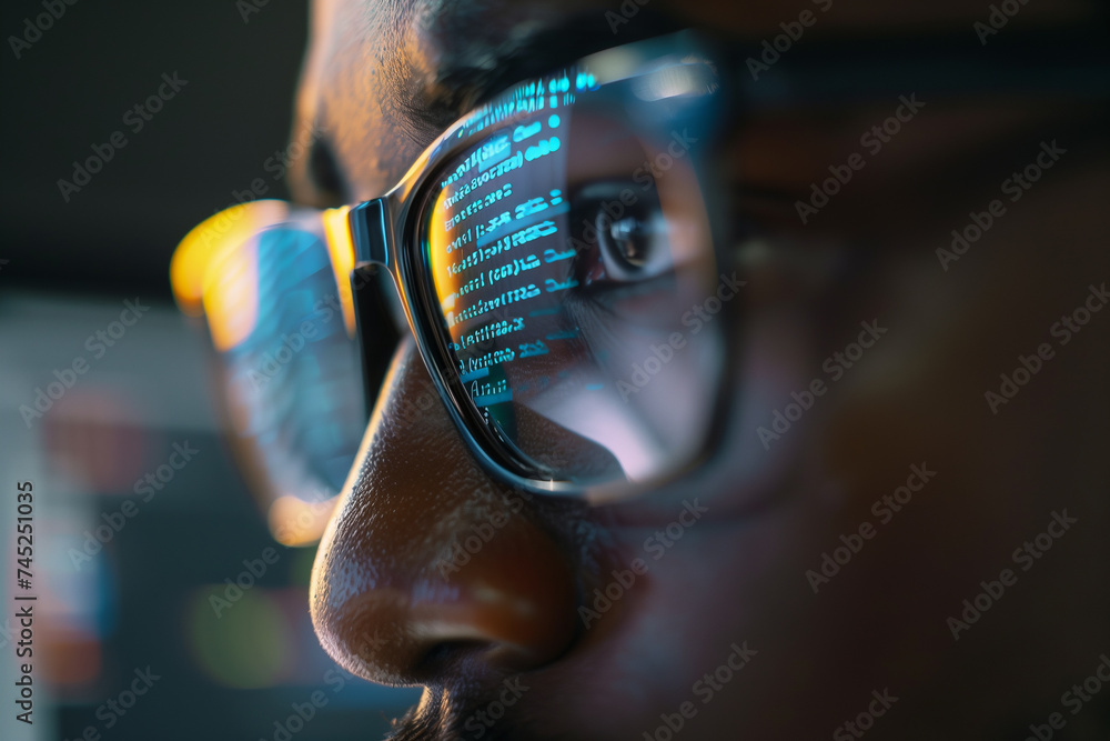 close up of a eyeglasses of programer or hacker to analysis data and coding Ai