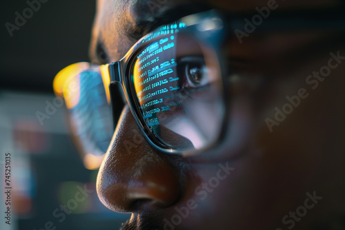close up of a eyeglasses of programer or hacker to analysis data and coding Ai