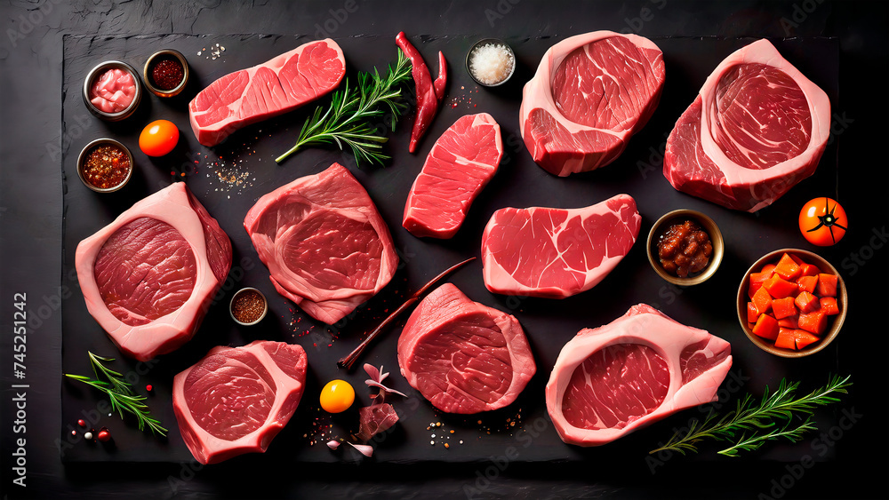 Sumptuous Symphony: A Captivating Culinary Canvas of Prime Beef Steaks and Luscious Raw Cuts on a Rustic, Dark Table Sumptuous Symphony: A Captivating Culinary Canvas of Prime Beef Steaks and Luscious Raw Cuts on a Rustic, Dark Table