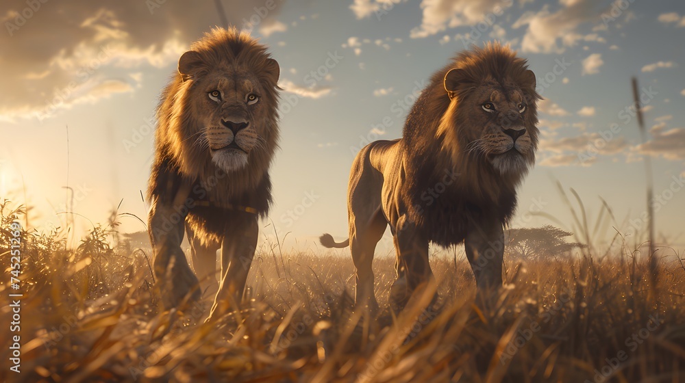 Two male lions on the savannah, serengeti, masai mara - obrazy, fototapety, plakaty 