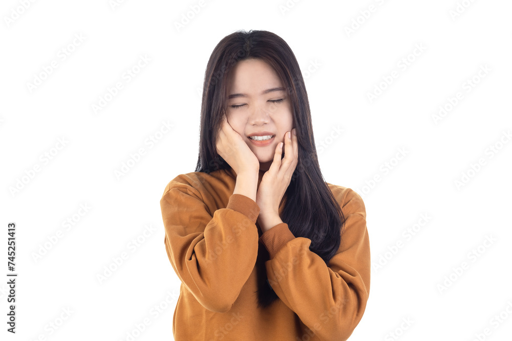 Tooth Pain And Dentistry. Young Asian Woman Suffering From Toothache and Touching Cheek With Hand isolated on white background with clipping path. Dental Care And Health Concept Tooth Pain And Dentistry. Young Asian Woman Suffering From Toothache and Touching Cheek With Hand isolated on white background with clipping path. Dental Care And Health Concept
