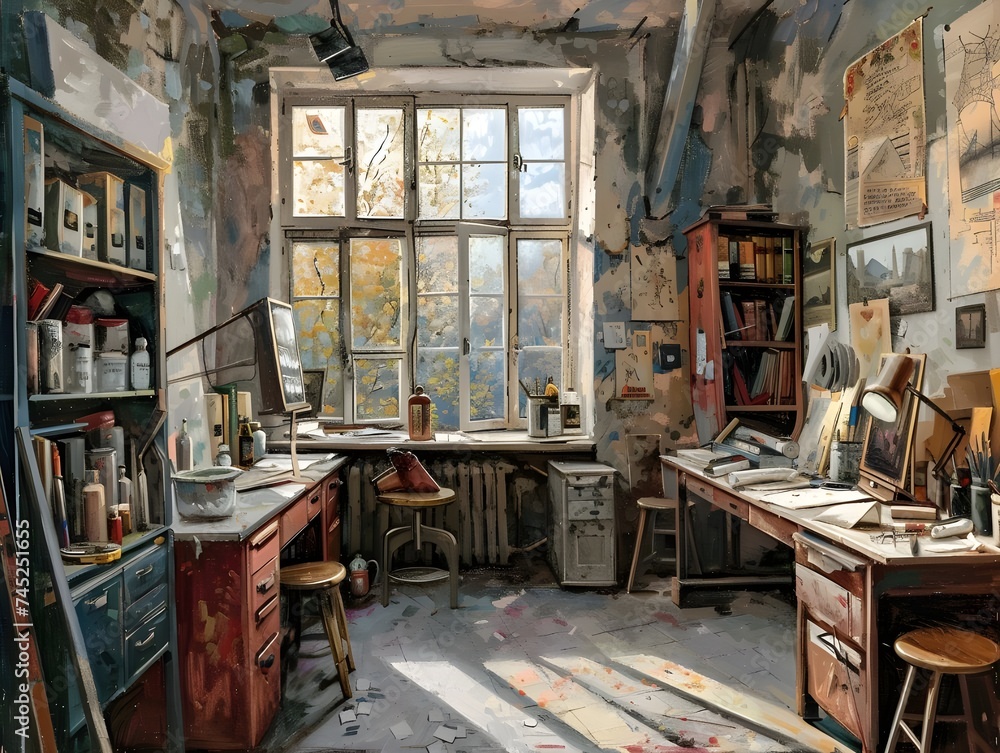 An artist's studio bathed in natural light, with oil paintings in various stages of completion. Art room with equipment and easel. Motivational inspirational vibe. Graphic Art.