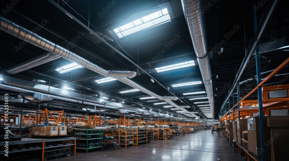 Inside of Ceiling air ventilation in a big warehouse.